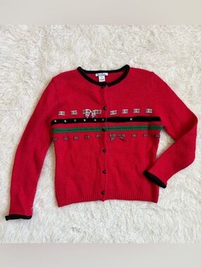 Hartstrings Vintage Festive Red Cardigan with Bow & Ribbon Accents